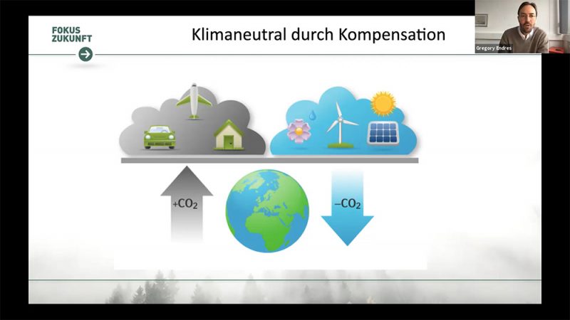 Georg Aurbacher und Gregory Endres präsentierten, wie Klimaneutralität erreicht werden kann. Foto: Screenshot SCFD, Fokus Zukunft