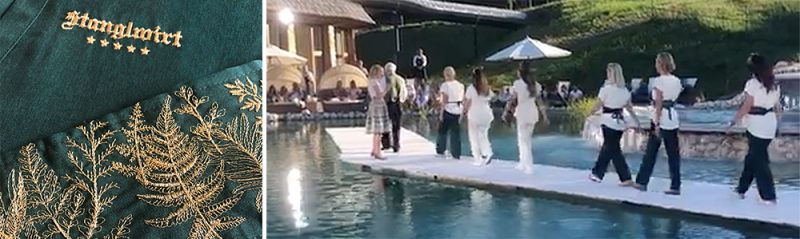 Bild links: aufwändige Stickereien mit Kräuter-Motiven – Foto: Löwenwelten GmbH | Bild rechts: Stanglwirt-Event: Präsentation der neuen Spa-Ausstattung, moderiert von Birgit Schrowange – Video: Stanglwirt