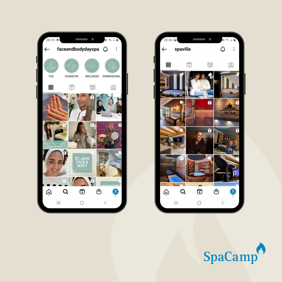 Die Insta-Kanäle vom FACE & BODY Day Spa und dem Spa Villa Beauty & Wellness Resort. Fotos: Screenshots 6.8.2022