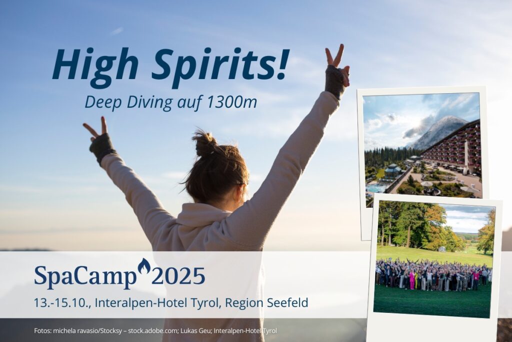 SpaCamp 2025 unter dem Motto „High Spirits – Deep Diving auf 1.300 m. Fotos: michela ravasio/Stocksy – stock.adobe.com; Lukas Geu; Interalpen-Hotel Tyrol