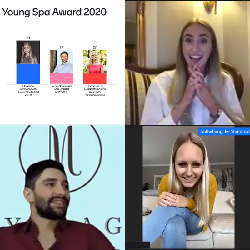 Die Nominierten zum Youg Spa Award 2020 bei der Ergebnisverkündung: Charlotte Schmerbauch, Joram Schirmaier und Carina Preuß. Foto: SC