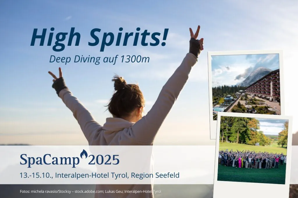 SpaCamp 2025 unter dem Motto „High Spirits – Deep Diving auf 1.300 m. Fotos: michela ravasio/Stocksy – stock.adobe.com; Lukas Geu; Interalpen-Hotel Tyrol