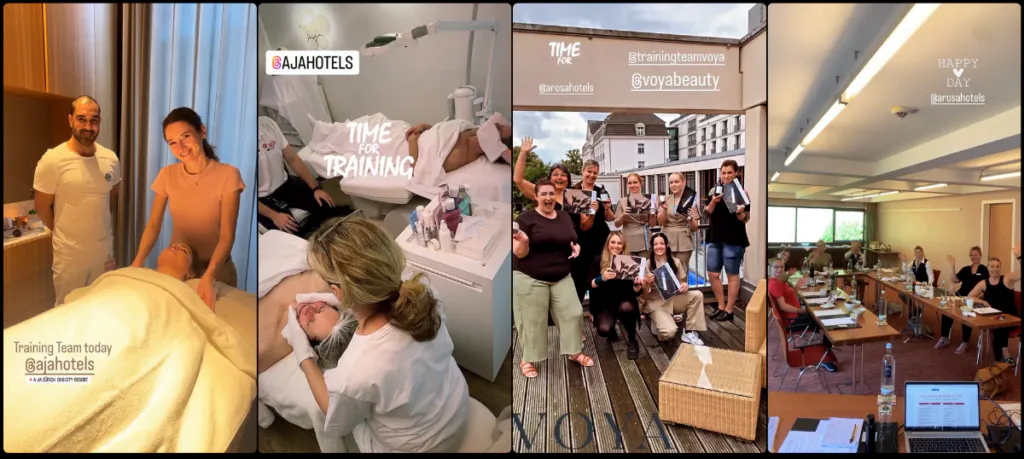 Spa-Trainings auf dem Team-Insta-Kanal von A-Rosa und aja. Fotos: DSR Hotelholding